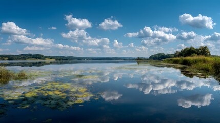 Fototapeta premium Serene Lake Reflection Under a Blue Sky with Fluffy Clouds.