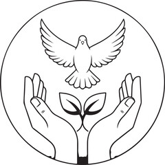 Fototapeta premium A dove flying above two hands holding a plant with three leaves