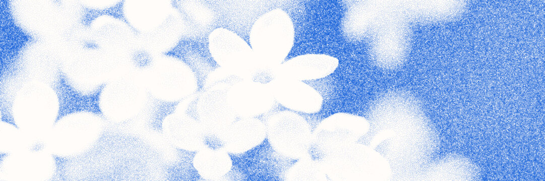 Blue cyanotype hydrangea botanical background. Halftone overlay texture with flower silhouette. Vector delicate nature art, indigo blue wallpaper for banner, template, graphic design project.