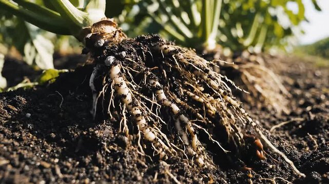 Climate-adaptive farming scene with strong root systems visible through soil texture