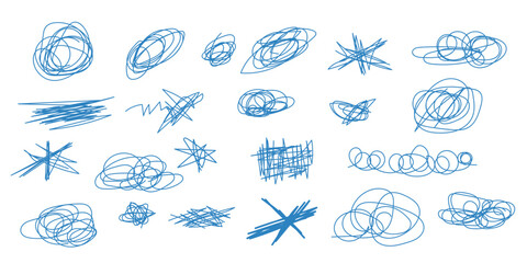 Messy pen scratch scribble doodle elements in blue