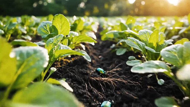 Climate-resilient farmland with green crops and visible soil health