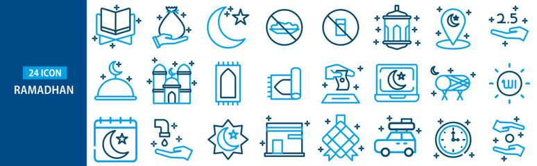 Ramadan Kareem outline icon set with Islamic symbols including mosque, lantern, crescent moon, prayer, zakat, calendar, Quran, charity, and Eid celebration elements