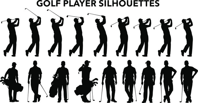 Professional golf player silhouettes set featuring various swing motions and standing poses with clubs isolated on white background