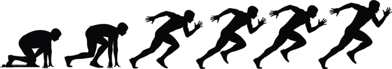 Black vector silhouette set showing the sequential stages of a runner starting a sprint from blocks to full motion © NURUL