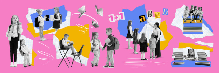 Creative collage with school children studying and reading together. Concept of education...