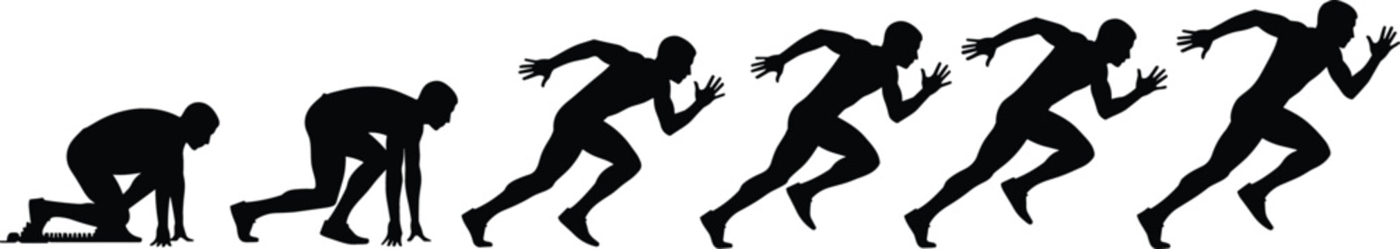 Black vector silhouette set showing the sequential stages of a runner starting a sprint from blocks to full motion