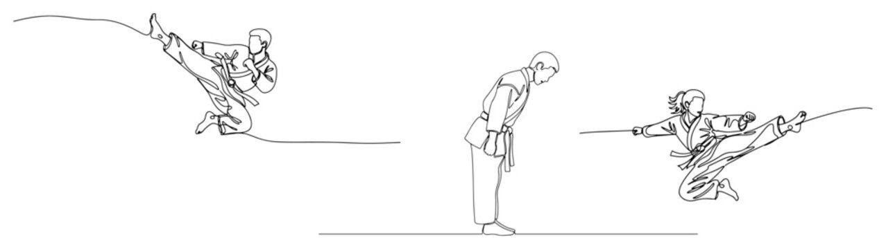 Continuous line drawing of martial arts practitioners performing kicks and bowing in traditional uniforms