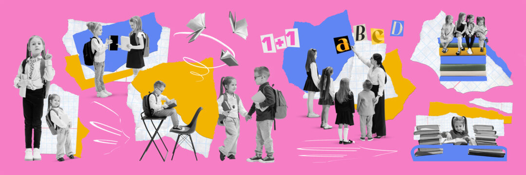 Creative collage with school children studying and reading together. Concept of education marketing, learning platforms, childhood development, publishing design, social and educational campaigns.
