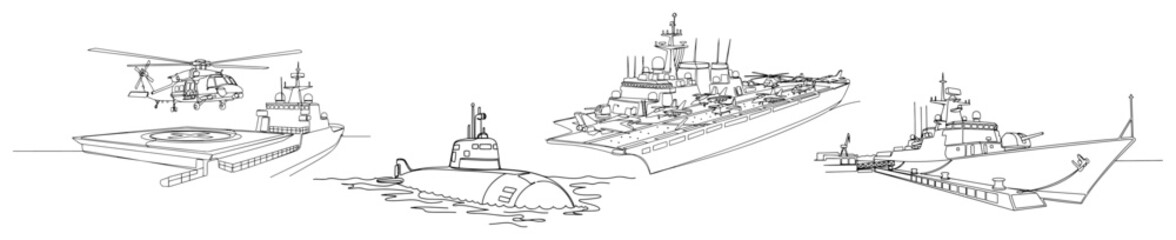 Continuous line drawing of naval military vessels including warships submarine and a helicopter on deck © InsomniaVideo