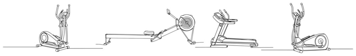 Fototapeta premium Set of cardio gym equipment including treadmill elliptical and rowing machine in minimalist continuous line art