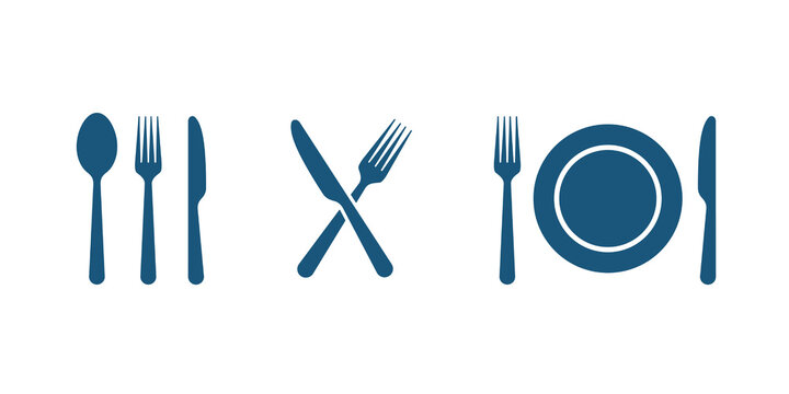 Fork, knife, spoon and plate set icons. Tableware set flat style. Dinnerservice collection. Plate, fork and knife for apps and websites. Dinner service. 
