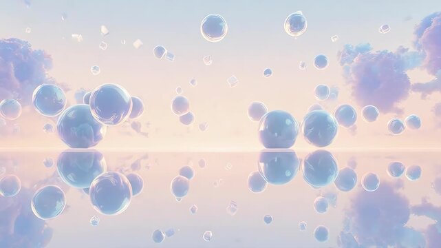 3D geometric clouds with spheres and cubes over a mirror horizon