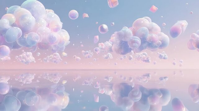 3D geometric clouds with spheres and cubes over a mirror horizon