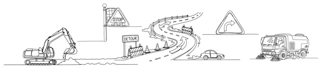 Minimalist one line art of road construction elements including excavator and traffic signs © InsomniaVideo