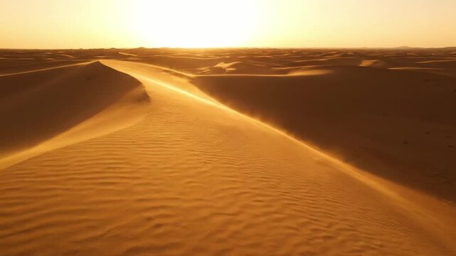 Golden sunset over vast desert sand dunes with wind blowing fine sand across the ridge creating a serene wilderness landscape for use in travel marketing or Middle Eastern tourism concepts