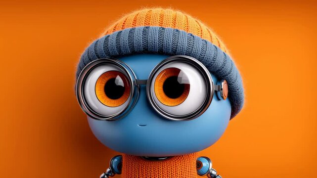 Cartoon robot character with large glasses and orange beanie poses against a vibrant orange background, showcasing its friendly expression and colorful knitted sweater in a playful setting