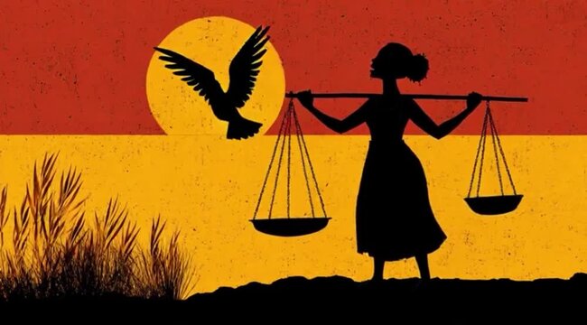 Ilustra&ccedil;&atilde;o Conceitual de Mulher Carregando Balan&ccedil;a Representando Justi&ccedil;a e Equil&iacute;brio