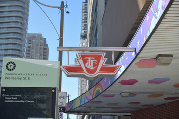 Fototapeta premium fun, decorative entrance to Wellesley Station on Line 1 near the Church-Wellesley Village, looking west, Toronto