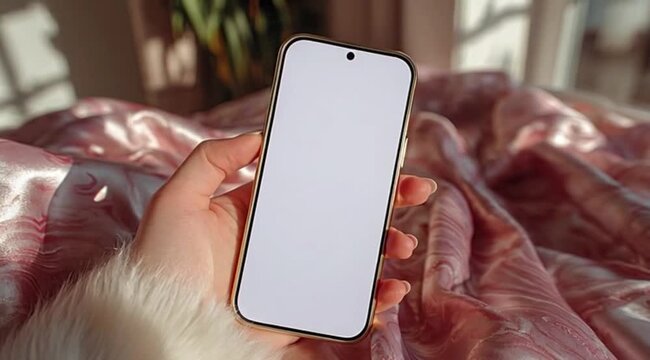 M&atilde;o Segurando Celular com Tela em Branco em Ambiente Moderno e Minimalista