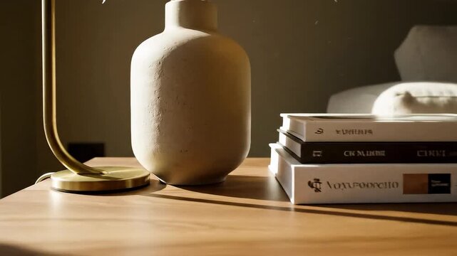Contemporary house corner with wooden side table decorative objects