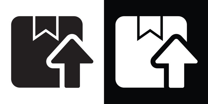 Minimalist delivery box icon with an upward arrow. Symbolizes shipping, package dispatch, logistics, and e-commerce distribution services. Black and white vector set.