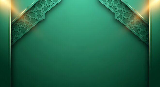 Elegant emerald green background design featuring intricate islamic arabesque geometric patterns and subtle golden light accents perfect for festive celebrations or royal themes