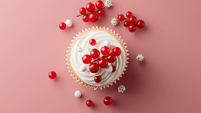 Delicious cupcake with whipped cream and red currants on pink background