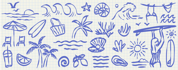 Naklejka na ściany i meble Hand drawn doodle beach and surf vector illustration set. Tropical naive coastal elements like palm trees, waves, surfboards, and sun perfect for summer designs, t-shirts, posters, and placard prints.