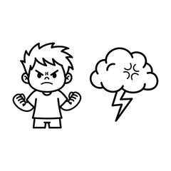 Fototapeta premium A simple black and white cartoon drawing depicting an angry boy with clenched fists next to a furious storm cloud and lightning bolt.