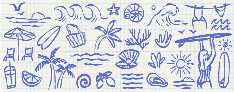 Hand drawn doodle beach and surf vector illustration set. Tropical naive coastal elements like palm trees, waves, surfboards, and sun perfect for summer designs, t-shirts, posters, and placard prints.