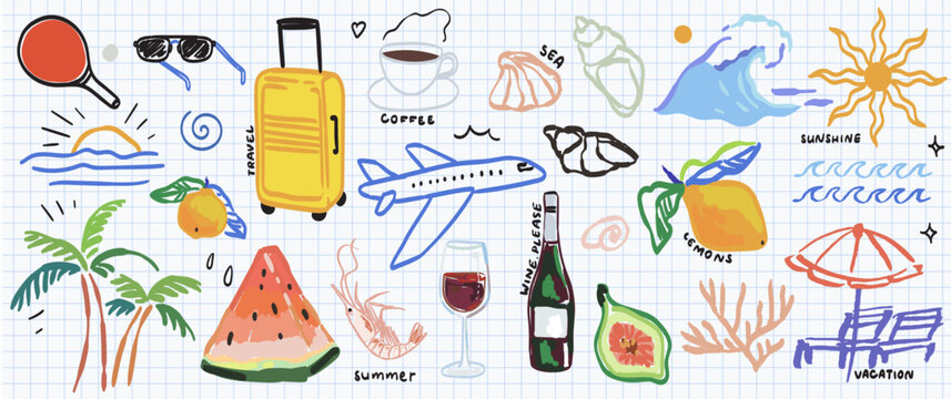 Italian, greek or spanish vacation. Hand drawn vector illustrations in mixed media collage style with doodle sketch elements. Lemon, palm tree in marker watercolor style. Oil drawings for scrapbook.