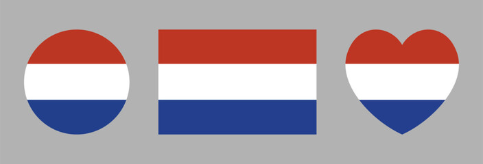 Dutch flag circle, heart, rectangle icons. Round, heart, rectangular flag of Netherlands banners. Set of button, badge Holland flag.