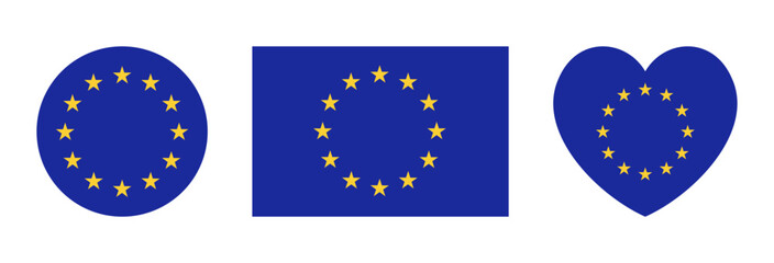Set of European Union heart, rectangular, round flag. Flag of EU, yellow stars on blue heart, circle, rectangle. European Union flag flat push button, badge, backdrop.