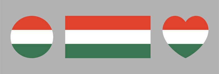 Hungary flag flat badges. Set of Hungarian flag circle, rectangle, heart icons. Round, rectangular, heart flags of Hungary buttons.