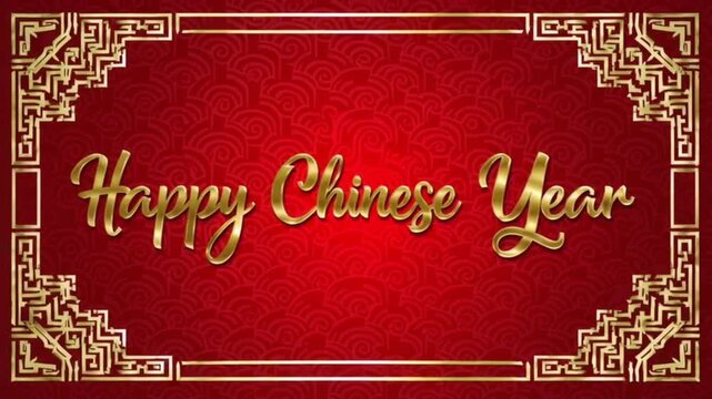 Animation of chinese new year text over chinese pattern on red background
