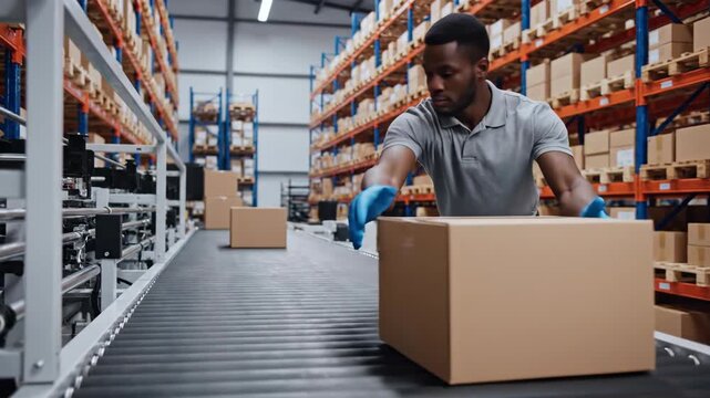 African man moving brown cardboard box on conveyor belt in modern warehouse for logistics and supply chain management