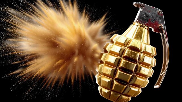 Golden grenade explodes with a burst of golden particles, showcasing the dynamic action of the explosion in a dramatic, high-contrast setting against a black background