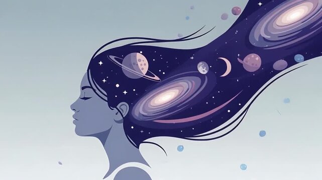 Woman's Hair Flows with Galaxy Planets Stars Cosmic Imagination.