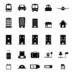 Travel and tourism vector icon set featuring transportation accommodation and vacation planning elements in minimalist black solid style