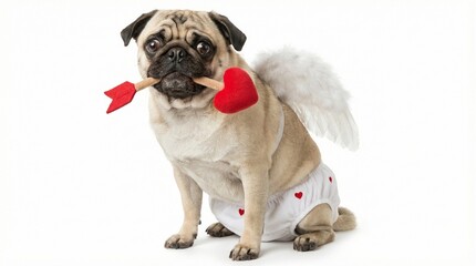 Worried Pug dog dressed as Cupid with wings and heart underwear holding arrow in mouth on white background