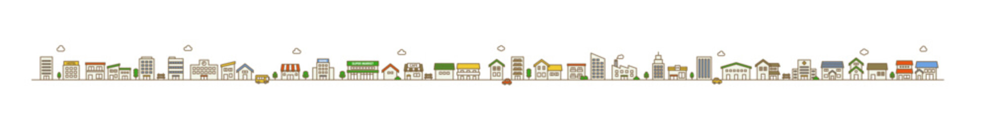 家と建物が並ぶかわいい街並みのイラスト素材｜ ベクター