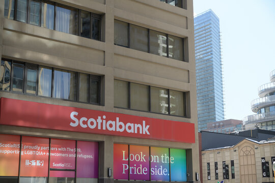 exterior building facade and sign of Scotiabank branch at 555 Yonge St (at Wellesley St E), Toronto