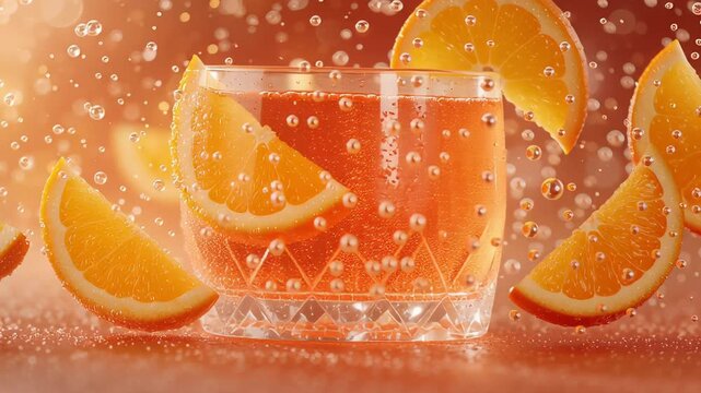 Refreshing orange aperol spritz with ice and citrus garnish in elegant glass