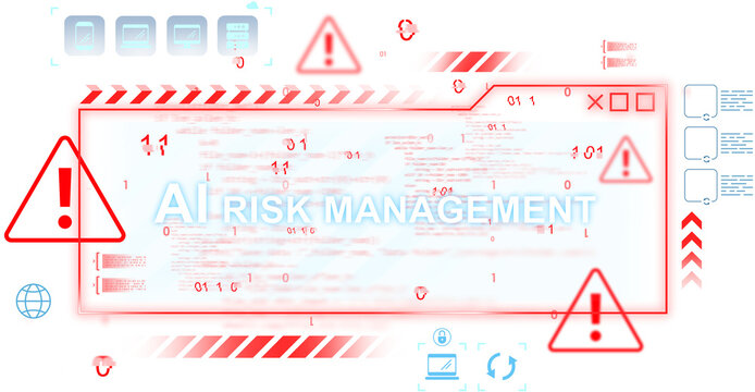 Digital interface showing AI risk management alert signs and binary code, isolated graphic style on white background, concept of cybersecurity warning