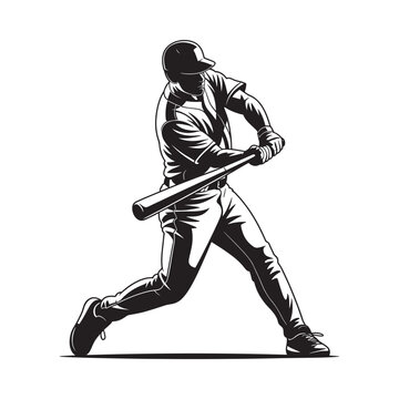 Baseball player swinging a bat depicted in a dynamic black and white illustration