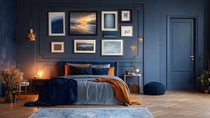 Elegant Bedroom Interior Design with Gallery Wall and Cozy Bedding.