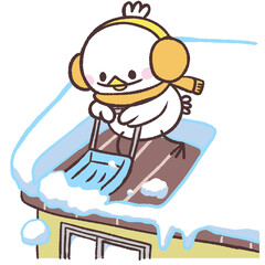 屋根の雪下ろしをする白い鳥のイラスト © おひさまストック