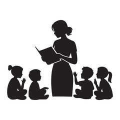 Teacher reading a book to children silhouette