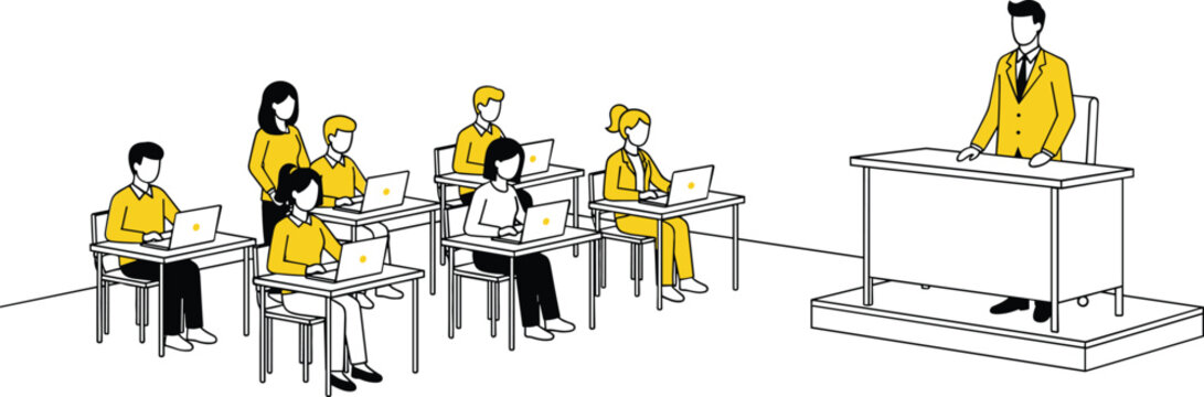 Modern classroom vector illustration with students using laptops and teacher at podium in minimalist line art style for education